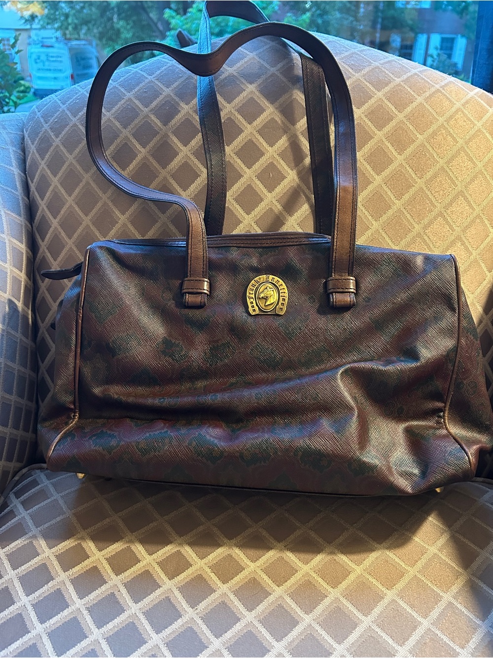 Vintage Hunter Green and Maroon Coated Canvas Bag with Horse Logo